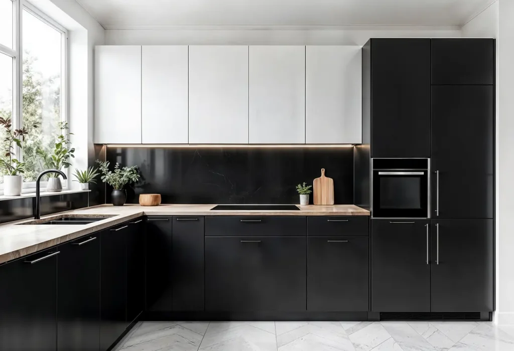 Nowoczesna czarno-biała kuchnia z wyspą i kontrastowymi meblami